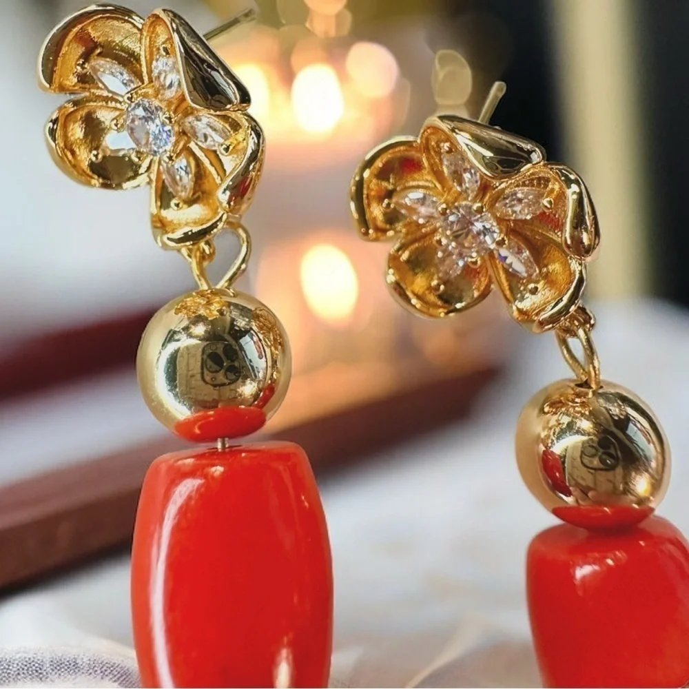 NEW Yellow Gold Blooming Flower Gold Hematite & Red-Orange Natural Coral Earring